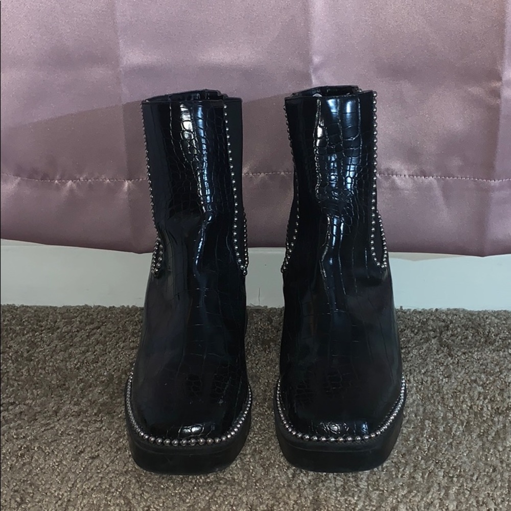 PLT Black Leather Snakeskin Booties